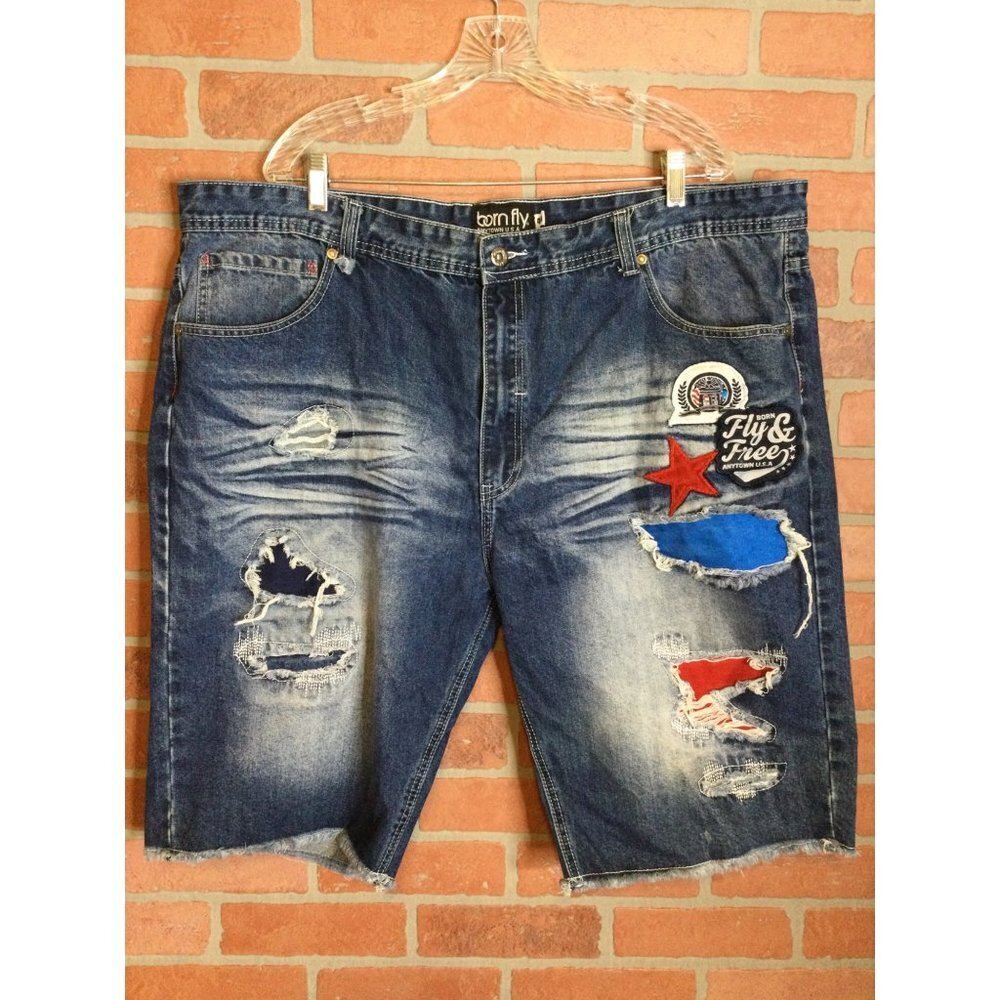 Born Fly Men's Denim Shorts Distressed Pockets Blue SZ 44 star fly & free baggy